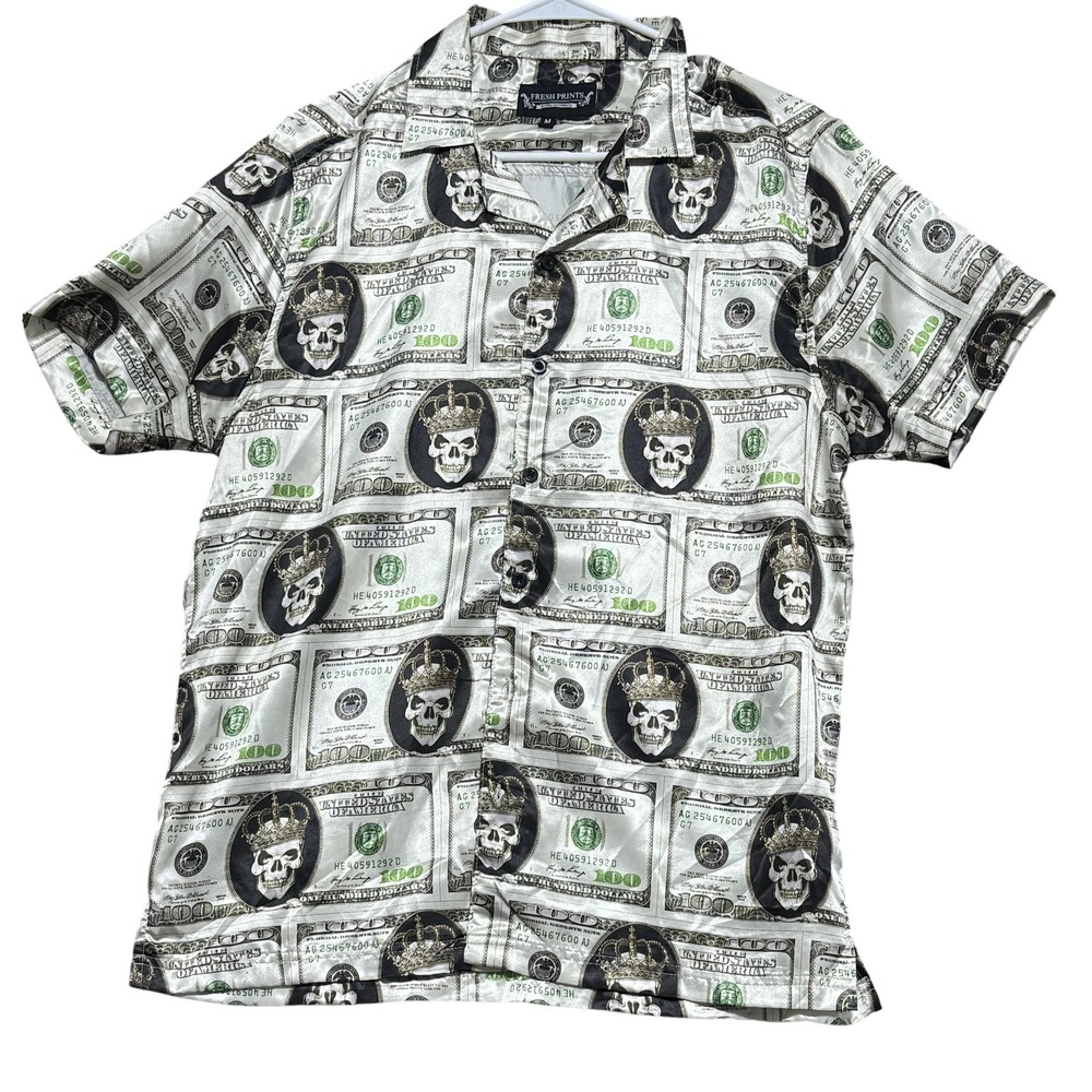 Fresh Prints Shirt Mens Medium Black White Money Skull Allover Button Up Novelty